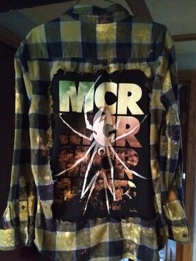 upcycled Bleached Distressed Flannel Shirt W/ MY CHEMICAL ROMANCE back Patch